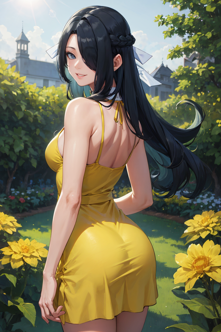 21539-1675437373-masterpiece, best quality, absurdres, AzumaFubuki, long hair, hair over one eye, hair ribbon, from behind, (yellow sundress), ga.png